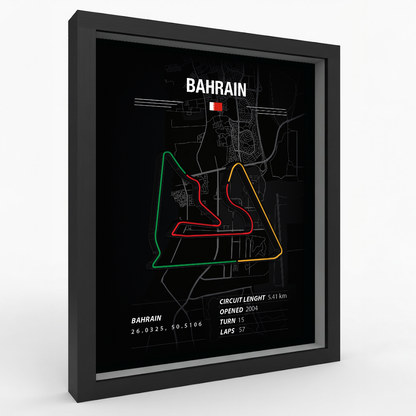 Framed poster of a race track layout with 'Bahrain' text and map details.