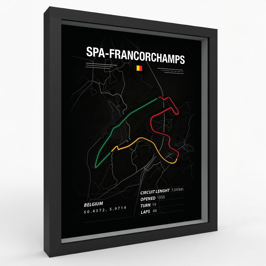 Framed map of Spa-Francorchamps circuit with colorful track layout on a black background