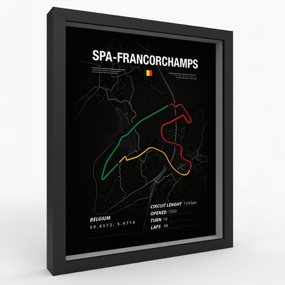 Framed map of Spa-Francorchamps circuit with colorful track layout on a black background