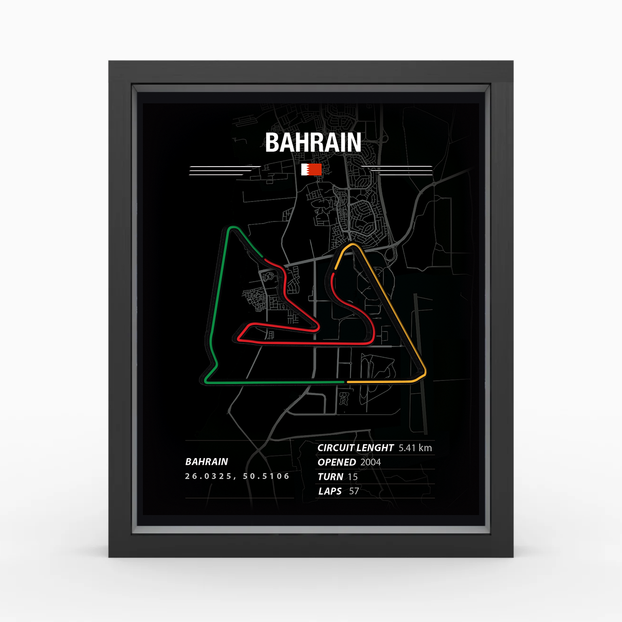 Framed poster of a race track layout with 'Bahrain' text and circuit details.