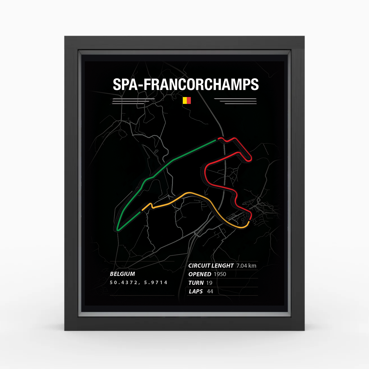 Framed poster of Spa-Francorchamps race track layout on a black background