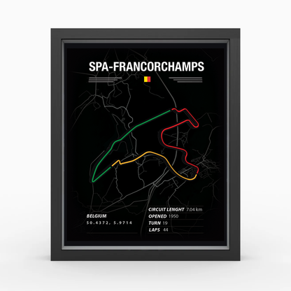Framed poster of Spa-Francorchamps race track layout on a black background