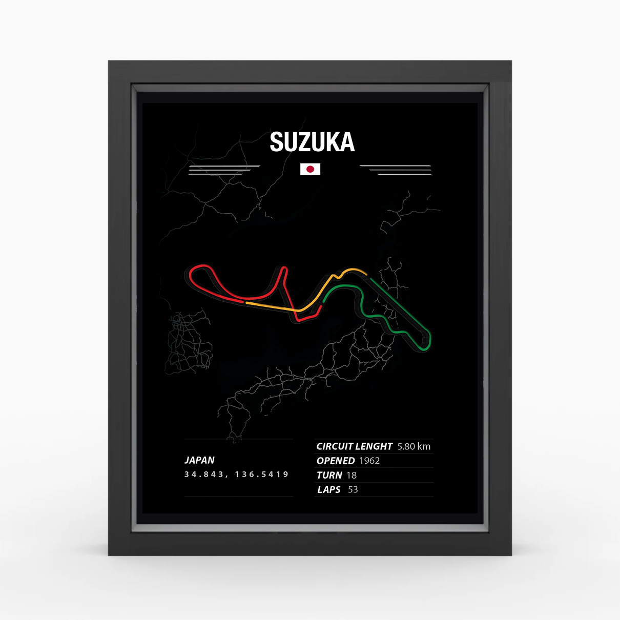 Suzuka - Mapa do Circuito de Corrida em Moldura - F1 e Sim Racing